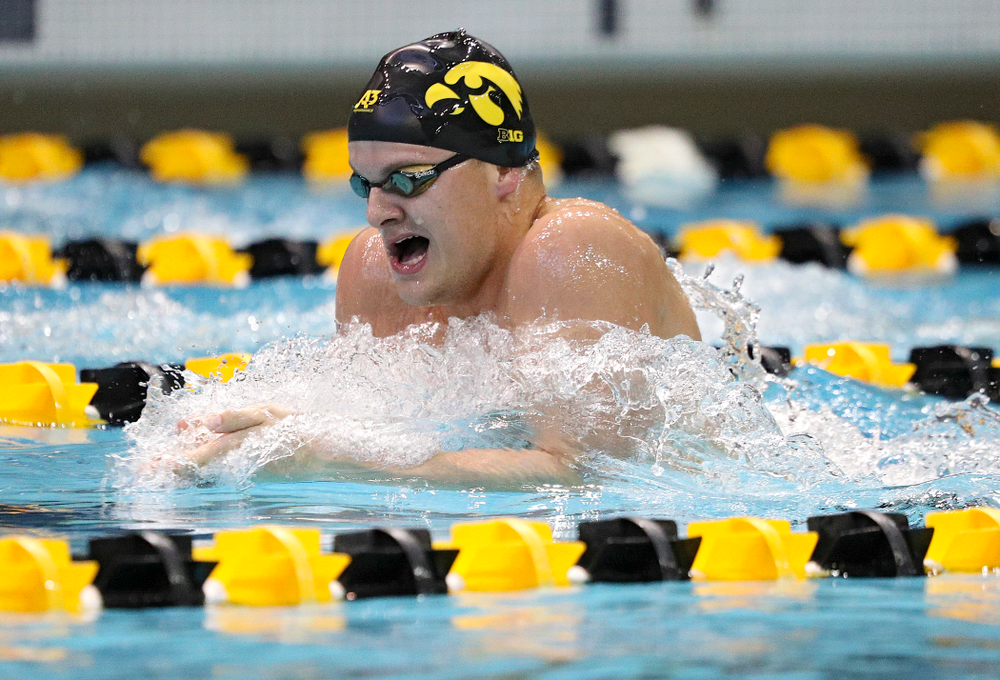 Iowa’s Will Myhre swims the men’s 200-yard breaststroke event during their meet against Michigan State and Northern Iowa at the Campus Recreation and Wellness Center in Iowa City on Friday, Oct 4, 2019. (Stephen Mally/hawkeyesports.com)
