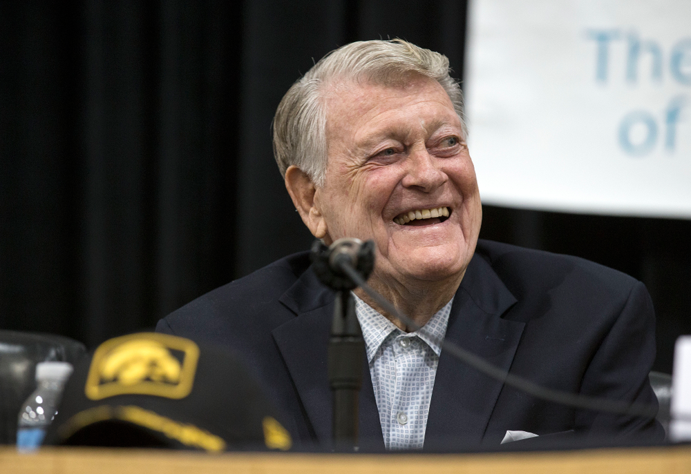 Former Hawkeye Football Head Coach Hayden Fry smiles during a panel discussion with his former quarterbacks during Fry Fest Friday, Aug. 29, 2014 in Coralville. (Brian Ray/hawkeyesports.com)