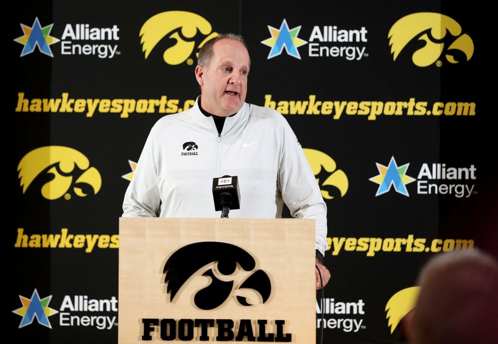 Iowa Hawkeyes defensive coordinator Phil Parker addresses the media on the Hawkeyes selection to face USC in the 2019 Holiday Bowl Sunday, December 8, 2019 at the Hansen Football Performance Center. (Brian Ray/hawkeyesports.com)