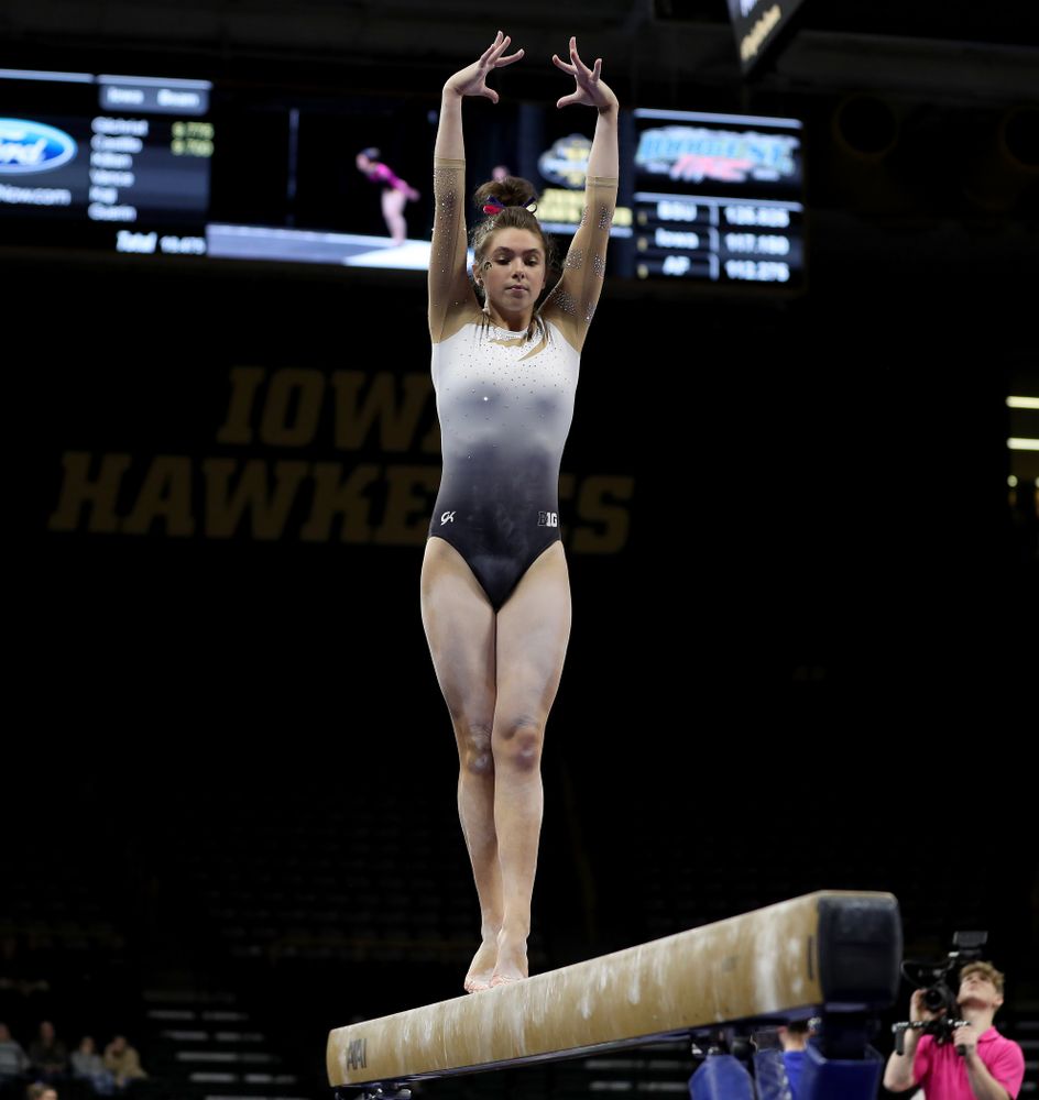 IowaÕs Bridget Killian competes on the beam against Ball State and Air Force Saturday, January 11, 2020 at Carver-Hawkeye Arena. (Brian Ray/hawkeyesports.com)