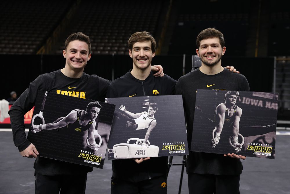 Iowa Men's Gymnastics seniors Jake Brodarzon, Kevin Johnson, and Rogelio Vazquez during senior day ceremonies following their meet against the Ohio State Buckeyes Saturday, March 16, 2019 at Carver-Hawkeye Arena. (Brian Ray/hawkeyesports.com)
