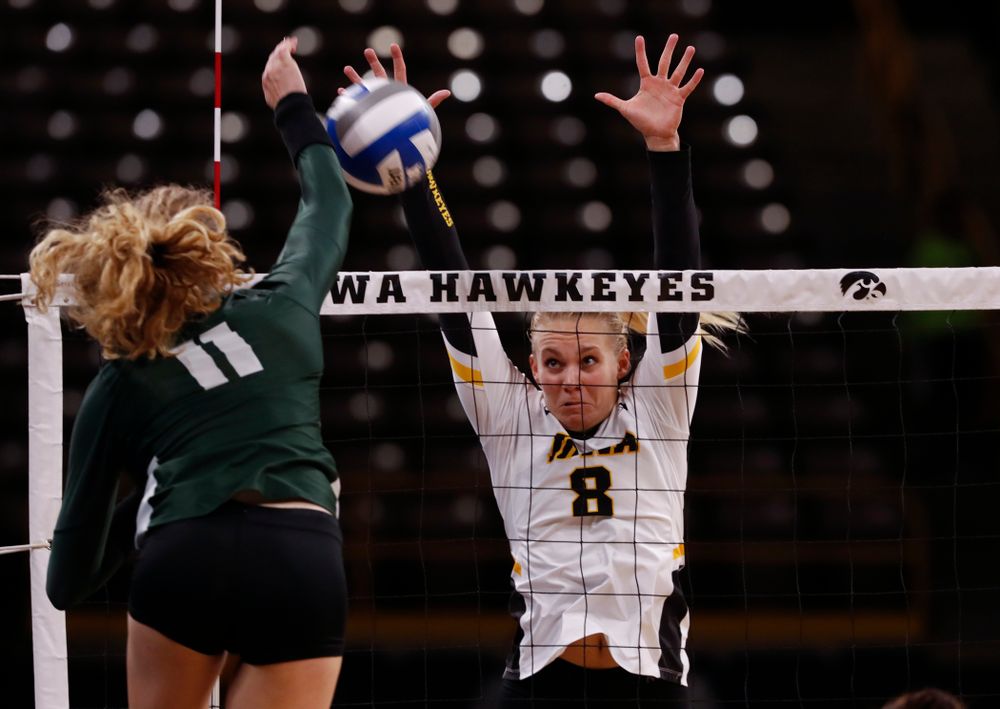 Iowa Hawkeyes right side hitter Reghan Coyle (8) against the Michigan State Spartans Friday, September 21, 2018 at Carver-Hawkeye Arena. (Brian Ray/hawkeyesports.com)