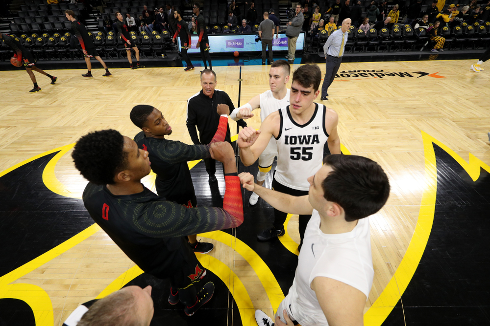 Iowa Hawkeyes guard Connor McCaffery (30), forward Luka Garza (55), and forward Ryan Kriener (15) against the Maryland Terrapins Friday, January 10, 2020 at Carver-Hawkeye Arena. (Brian Ray/hawkeyesports.com)