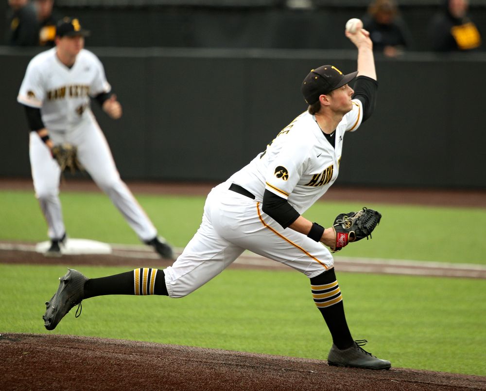 Iowa pitcher Trenton Wallace (38) delivers to the plate during the fourth inning of their college baseball game at Duane Banks Field in Iowa City on Wednesday, March 11, 2020. (Stephen Mally/hawkeyesports.com)