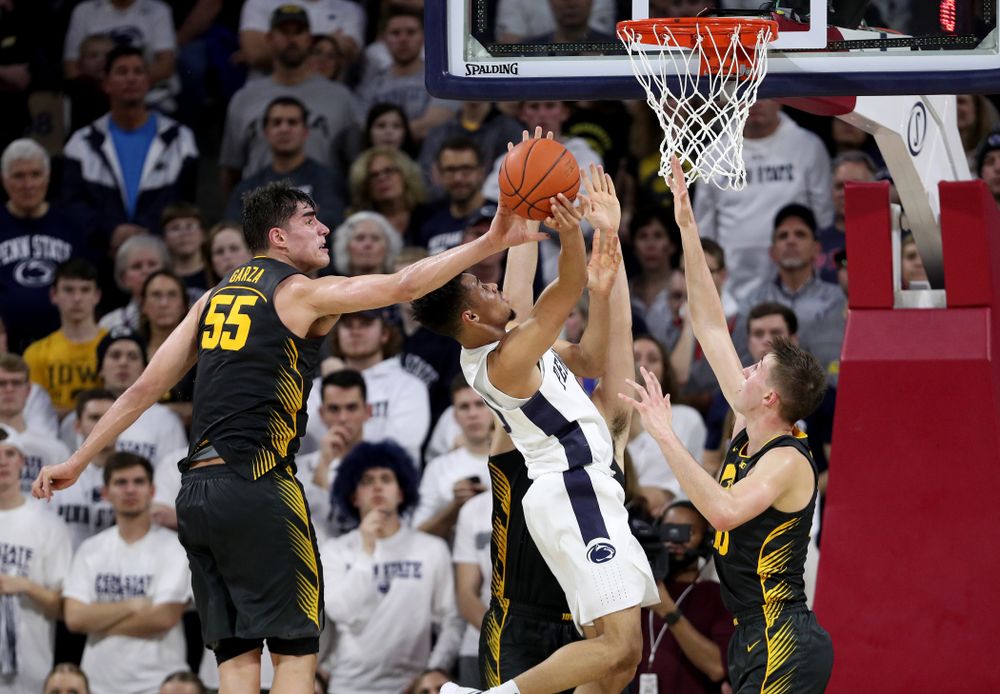 Iowa Hawkeyes forward Luka Garza (55) blocks a shot against Penn State Friday, January 3, 2020 at the Palestra in Philadelphia. (Brian Ray/hawkeyesports.com)