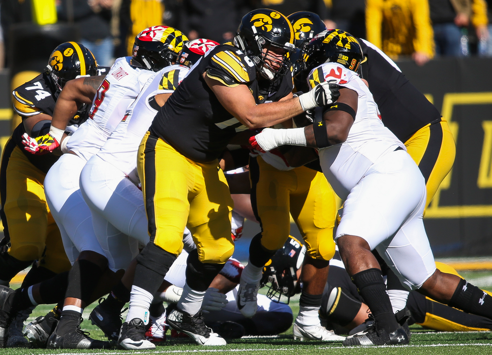 Iowa Hawkeyes offensive lineman Dalton Ferguson (76) blocks during a game against Maryland at Kinnick Stadium on October 20, 2018. (Tork Mason/hawkeyesports.com)