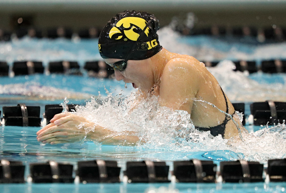 Iowa’s Aleksandra Olesiak swims the women’s 200-yard breaststroke event during their meet against Michigan State and Northern Iowa at the Campus Recreation and Wellness Center in Iowa City on Friday, Oct 4, 2019. (Stephen Mally/hawkeyesports.com)