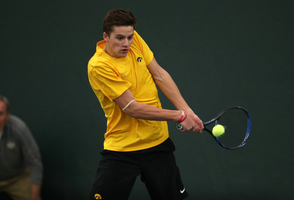 Joe Tyler against the Butler Bulldogs Sunday, January 27, 2019 at the Hawkeye Tennis and Recreation Complex. (Brian Ray/hawkeyesports.com)