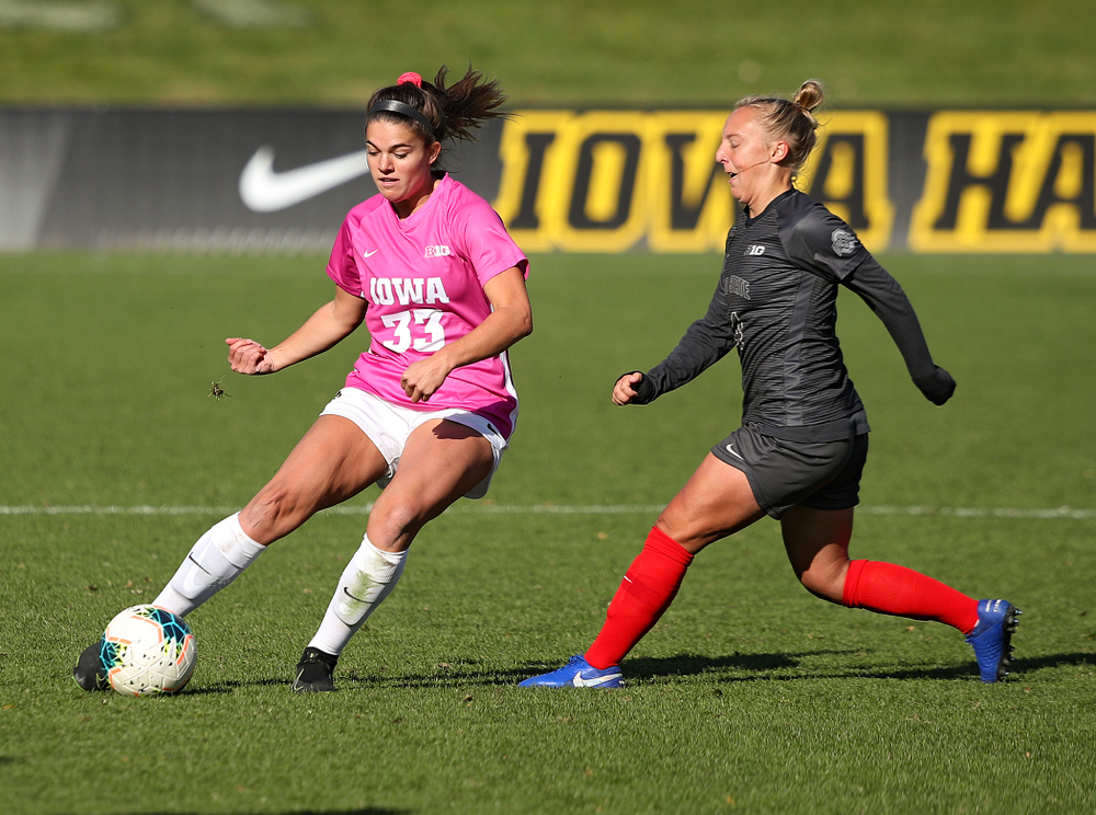 Iowa defender Riley Burns (33) moves with the ball during the first overtime of their match at the Iowa Soccer Complex in Iowa City on Sunday, Oct 27, 2019. (Stephen Mally/hawkeyesports.com)