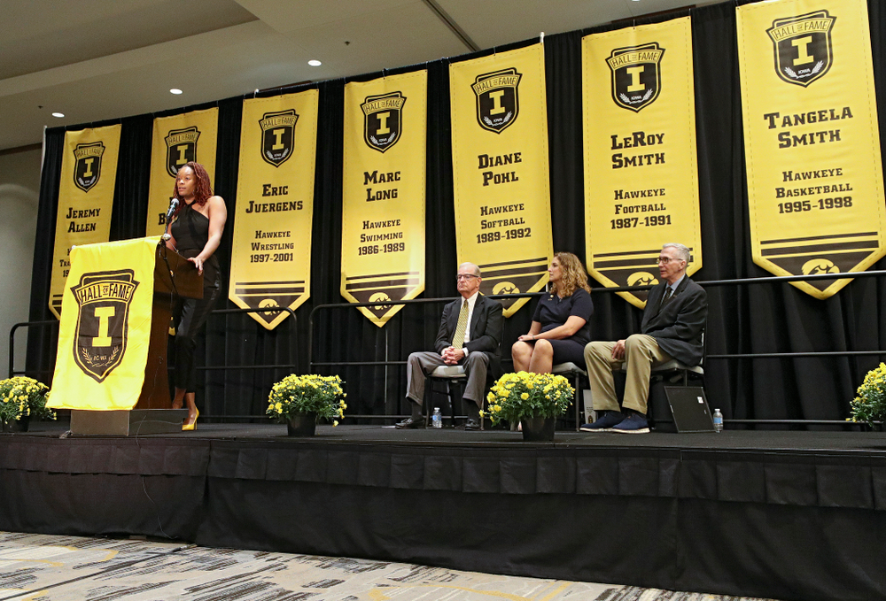2019 University of Iowa Athletics Hall of Fame inductee Tangela Smith speaks during the Hall of Fame Induction Ceremony at the Coralville Marriott Hotel and Conference Center in Coralville on Friday, Aug 30, 2019. (Stephen Mally/hawkeyesports.com)