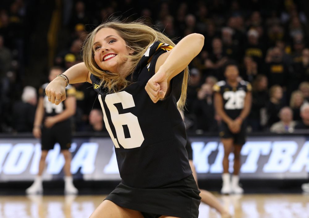 The Iowa Dance Team performs with the Iowa Football Team at halftime of the Iowa Hawkeyes game against the Indiana Hoosiers Friday, February 22, 2019 at Carver-Hawkeye Arena. (Brian Ray/hawkeyesports.com)