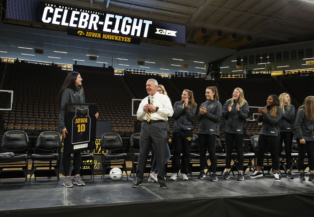 Henry B. and Patricia B. Tippie Director of Athletics Chair announces that the jersey of Iowa Hawkeyes forward Megan Gustafson (10) will be retired at a ceremony next season during the teamÕs Celebr-Eight event Wednesday, April 24, 2019 at Carver-Hawkeye Arena. (Brian Ray/hawkeyesports.com)