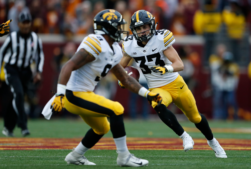Iowa Hawkeyes defensive back Riley Moss (33) intercepts a pass against the Minnesota Golden Gophers Saturday, October 6, 2018 at TCF Bank Stadium. (Brian Ray/hawkeyesports.com)