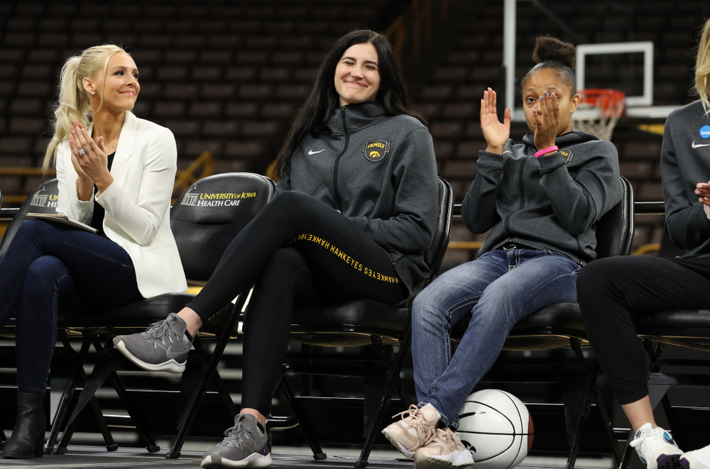 Henry B. and Patricia B. Tippie Director of Athletics Chair announces that the jersey of Iowa Hawkeyes forward Megan Gustafson (10) will be retired at a ceremony next season during the teamÕs Celebr-Eight event Wednesday, April 24, 2019 at Carver-Hawkeye Arena. (Brian Ray/hawkeyesports.com)