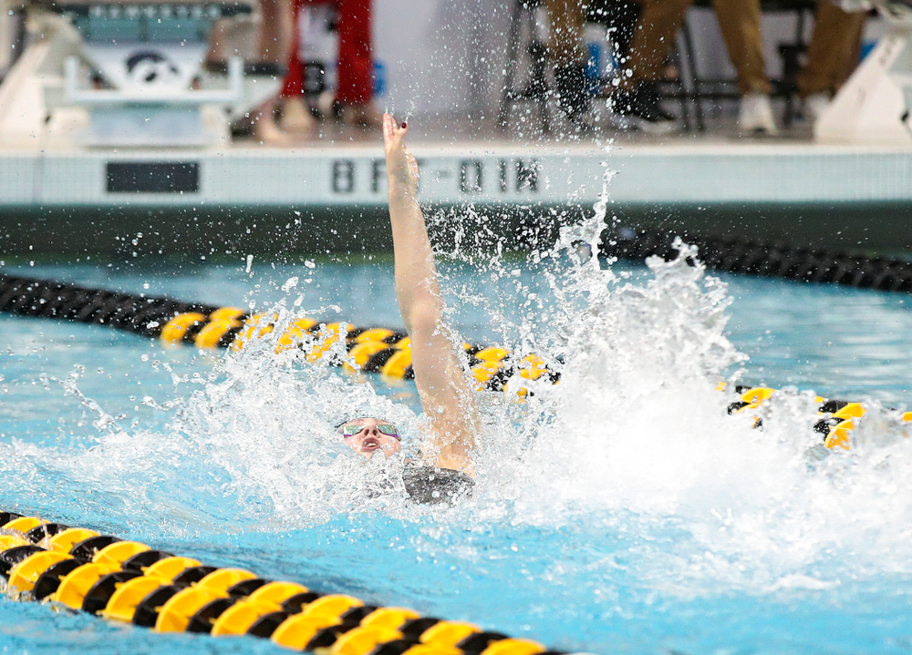 Iowa’s Emilia Sansome swims the backstroke section of the 200 yard medley relay event during the 2020 Big Ten Women’s Swimming and Diving Championships at the Campus Recreation and Wellness Center in Iowa City on Wednesday, February 19, 2020. (Stephen Mally/hawkeyesports.com)
