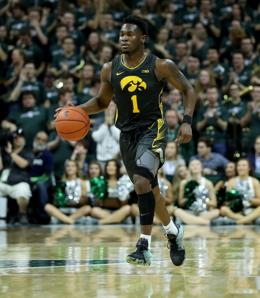 Iowa Hawkeyes guard Joe Toussaint (1) against Michigan State Tuesday, February 25, 2020 at the Breslin Center in East Lansing, MI. (Brian Ray/hawkeyesports.com)