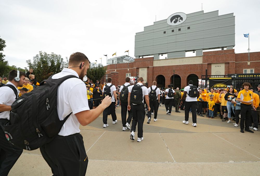 The Hawkeyes arrive before their game at Kinnick Stadium in Iowa City on Saturday, Sep 28, 2019. (Stephen Mally/hawkeyesports.com)