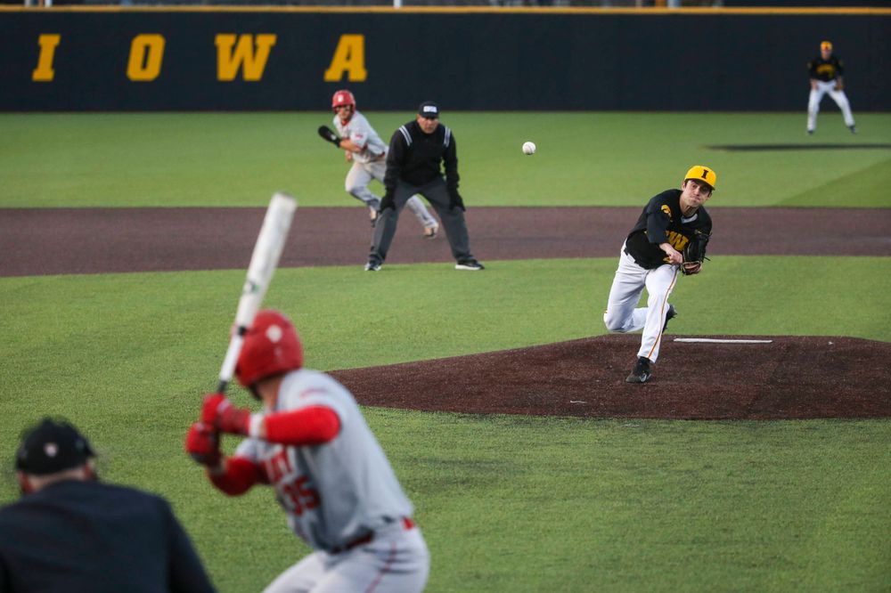 Iowa pitcher Grant Leonard (43) at the game vs. Bradley on Tuesday, March 26, 2019 at (place). (Lily Smith/hawkeyesports.com)