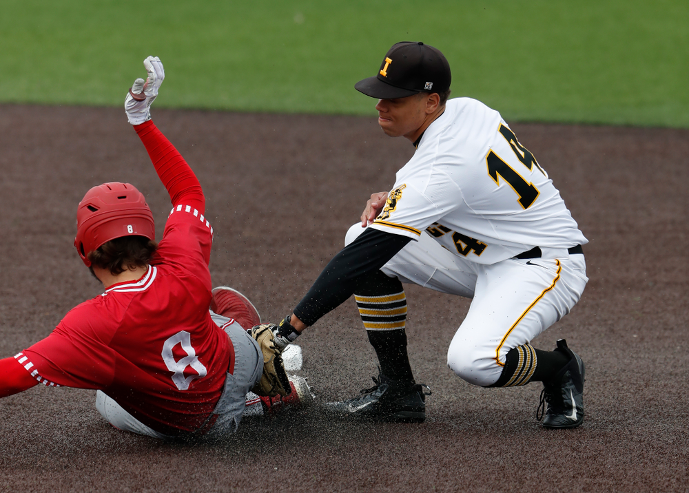 Iowa Hawkeyes second baseman Zion Pettigrew (14) during a double header against the Indiana Hoosiers Friday, March 23, 2018 at Duane Banks Field. (Brian Ray/hawkeyesports.com)