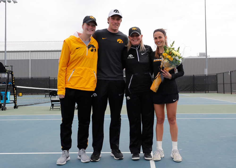Iowa's Adrienne Jensen during Senior Day activities before their match against the Wisconsin Badgers Sunday, April 22, 2018 at the Hawkeye Tennis and Recreation Center. (Brian Ray/hawkeyesports.com)