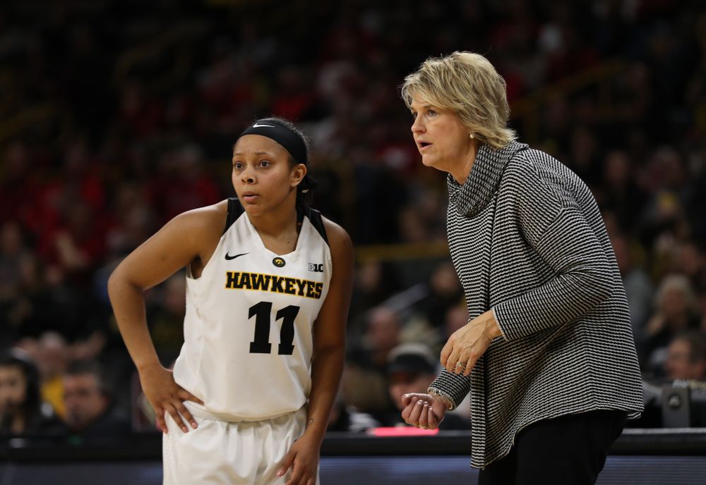 Iowa Hawkeyes head coach Lisa Bluder and guard Tania Davis (11) against the Nebraska Cornhuskers Thursday, January 3, 2019 at Carver-Hawkeye Arena. (Brian Ray/hawkeyesports.com)