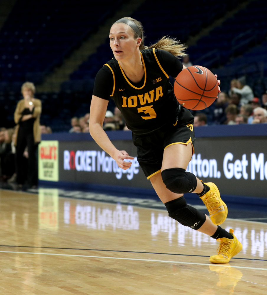 Iowa Hawkeyes guard Makenzie Meyer (3) against the Penn State Nittany Lions Thursday, January 30, 2020 at the Bryce Jordan Center. (Brian Ray/hawkeyesports.com)