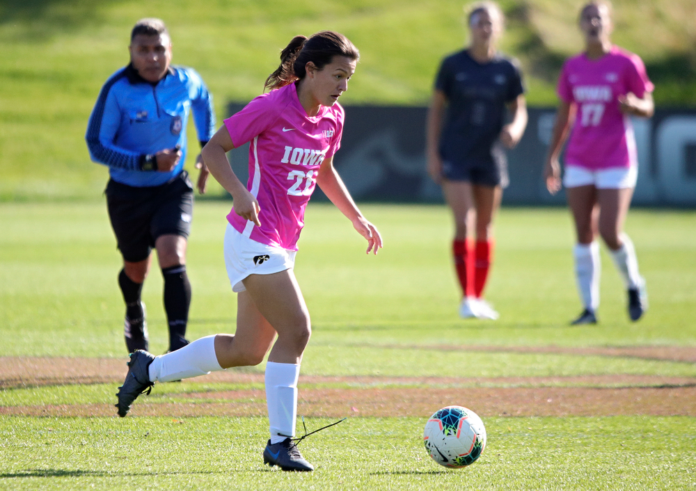 Iowa forward Emma Tokuyama (21) moves with the ball during the second half of their match at the Iowa Soccer Complex in Iowa City on Sunday, Oct 27, 2019. (Stephen Mally/hawkeyesports.com)