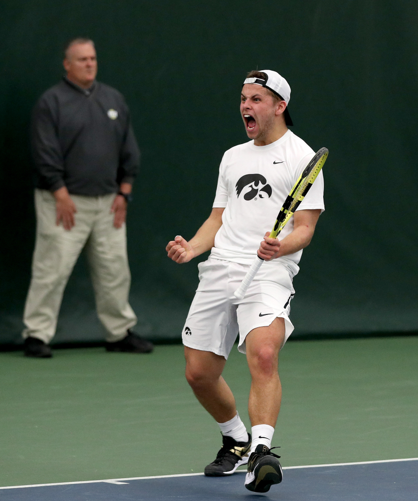 Iowa’s Will Davies against Cornell Sunday, March 8, 2020 at the Hawkeye Tennis and Recreation Center. (Brian Ray/hawkeyesports.com)