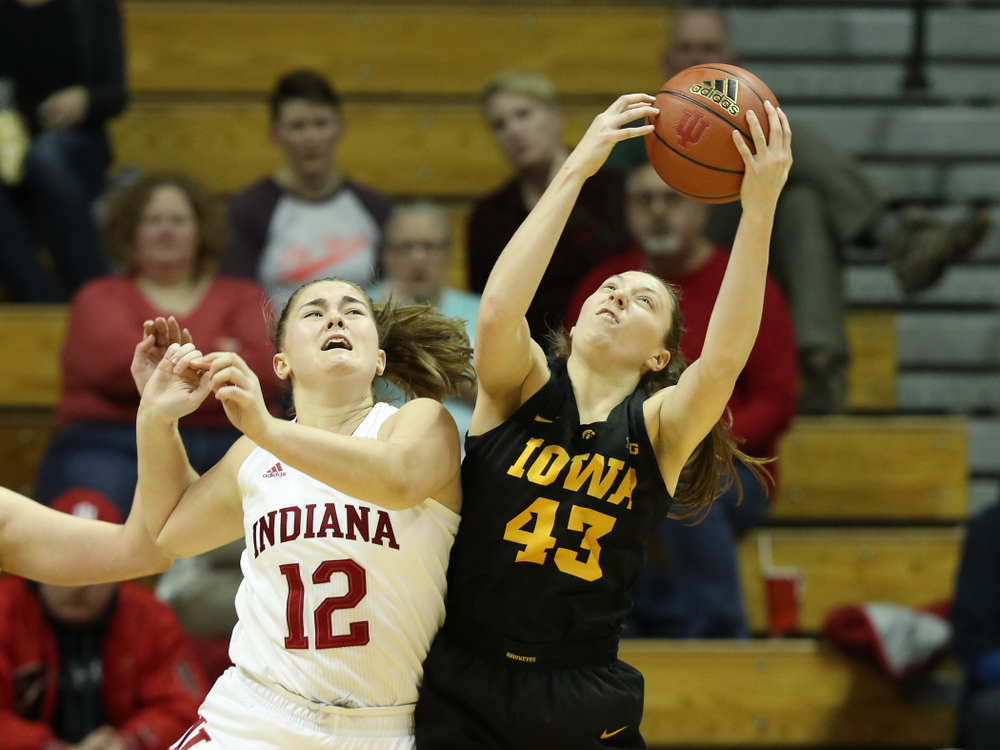 Iowa Hawkeyes forward Amanda Ollinger (43) against the Indiana Hoosiers Thursday, February 21, 2019 at Simon Skjodt Assembly Hall. (Brian Ray/hawkeyesports.com)