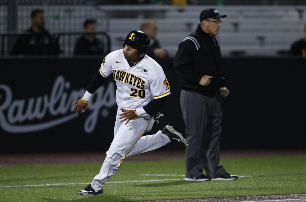 Iowa Hawkeyes Izaya Fullard (20) scores during game one against UC Irvine Friday, May 3, 2019 at Duane Banks Field. (Brian Ray/hawkeyesports.com)