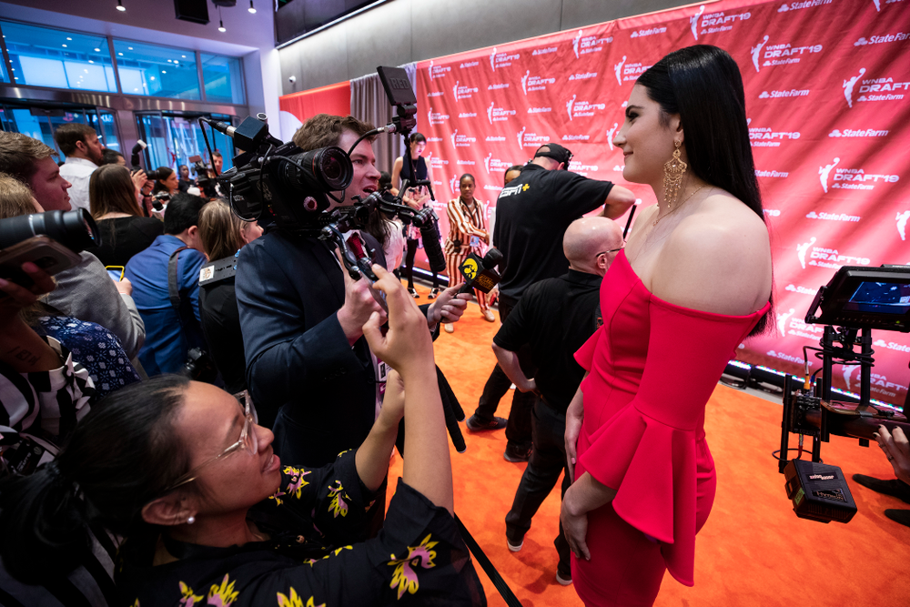 Iowa Hawkeyes forward Megan Gustafson (10) walks the orange carpet before the 2019 WNBA Draft Wednesday, April 10, 2019 at Nike New York Headquarters in New York City. (Brian Ray/hawkeyesports.com)