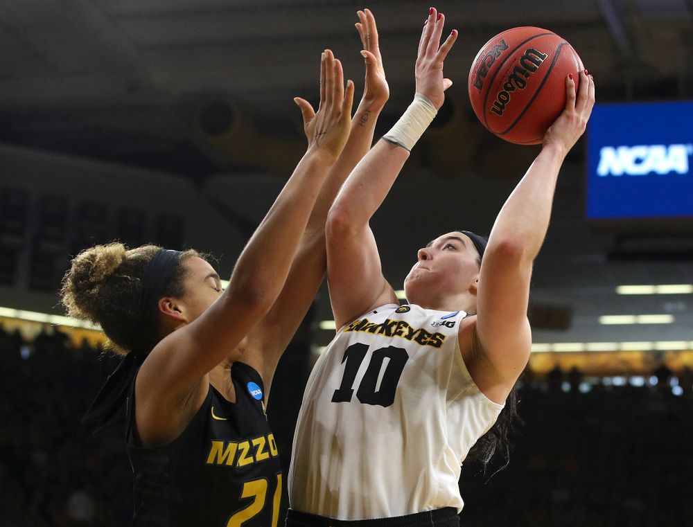 Iowa Hawkeyes center Megan Gustafson (10) puts up a shot during the fourth quarter of their second round game in the 2019 NCAA Women's Basketball Tournament at Carver Hawkeye Arena in Iowa City on Sunday, Mar. 24, 2019. (Stephen Mally for hawkeyesports.com)