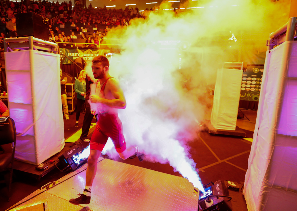 Thomas Gilman during the gold medal match of the United World Wrestling Freestyle World Cup against Azerbaijan Sunday, April 8, 2018 at Carver-Hawkeye Arena. (Brian Ray/hawkeyesports.com)