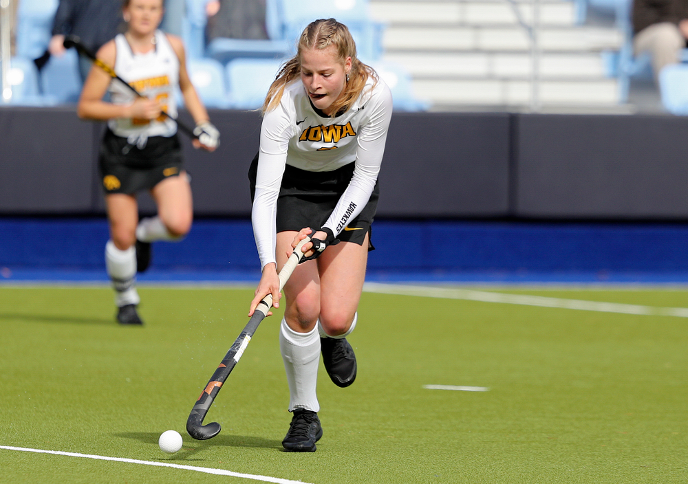 Iowa’s Sofie Stribos (9) moves with the ball during the first quarter of their NCAA Tournament Second Round match against North Carolina at Karen Shelton Stadium in Chapel Hill, N.C. on Sunday, Nov 17, 2019. (Stephen Mally/hawkeyesports.com)