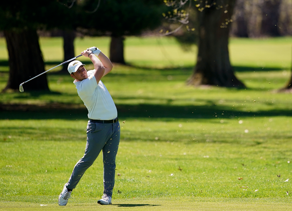 Iowa's Alex Schaake hits from the fairway during the first round of the Hawkeye Invitational at Finkbine Golf Course in Iowa City on Saturday, Apr. 20, 2019. (Stephen Mally/hawkeyesports.com)