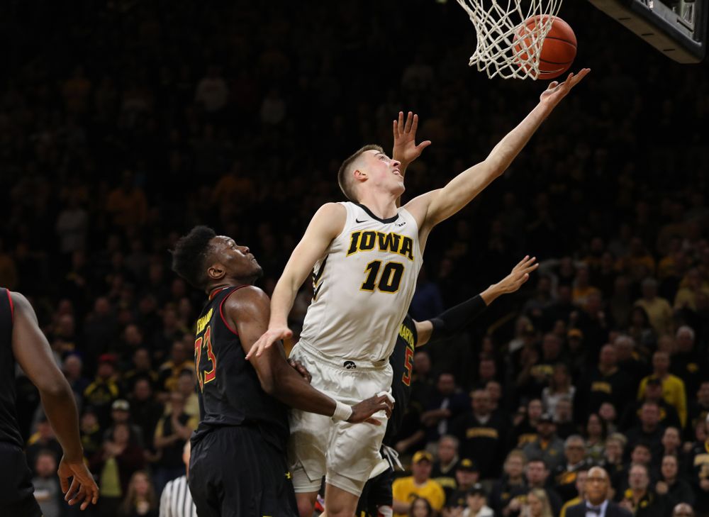 Iowa Hawkeyes guard Joe Wieskamp (10) against the Maryland Terapins Tuesday, February 19, 2019 at Carver-Hawkeye Arena. (Brian Ray/hawkeyesports.com)