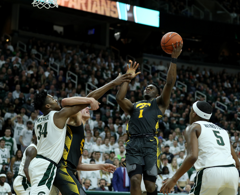 Iowa Hawkeyes guard Joe Toussaint (1) against Michigan State Tuesday, February 25, 2020 at the Breslin Center in East Lansing, MI. (Brian Ray/hawkeyesports.com)