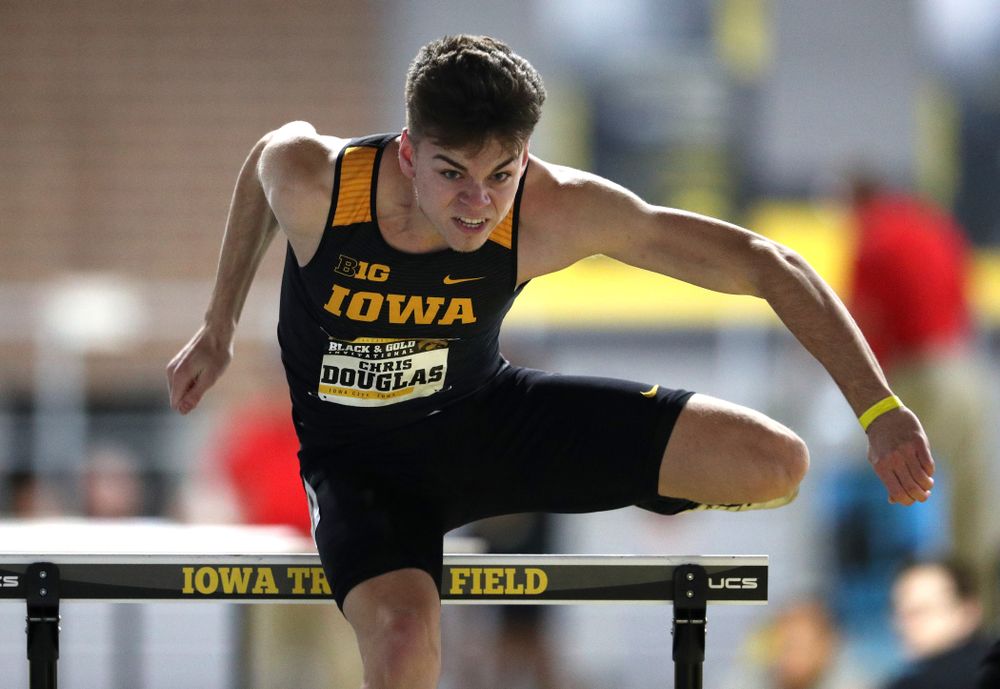 Iowa's Chris Douglas competes in the 60-meter hurdles during the Black and Gold Premier meet Saturday, January 26, 2019 at the Recreation Building. (Brian Ray/hawkeyesports.com)