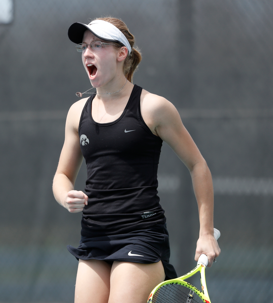 Iowa's Montana Crawford against the Wisconsin Badgers Sunday, April 22, 2018 at the Hawkeye Tennis and Recreation Center. (Brian Ray/hawkeyesports.com)