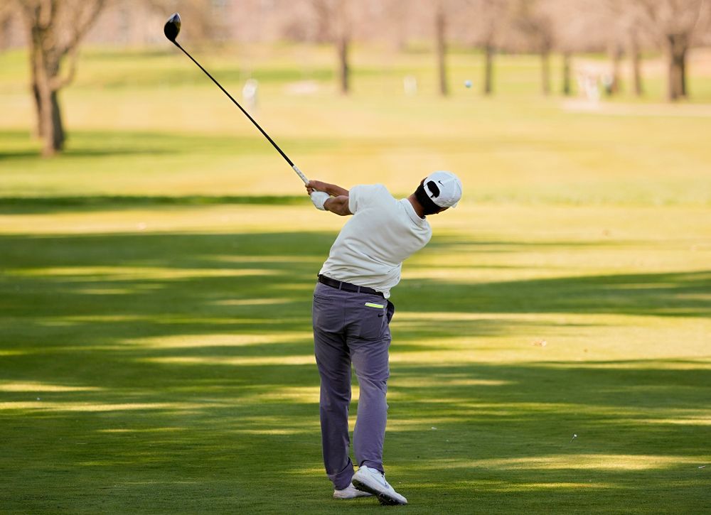 Iowa's Joe Kim tees off during the second round of the Hawkeye Invitational at Finkbine Golf Course in Iowa City on Saturday, Apr. 20, 2019. (Stephen Mally/hawkeyesports.com)