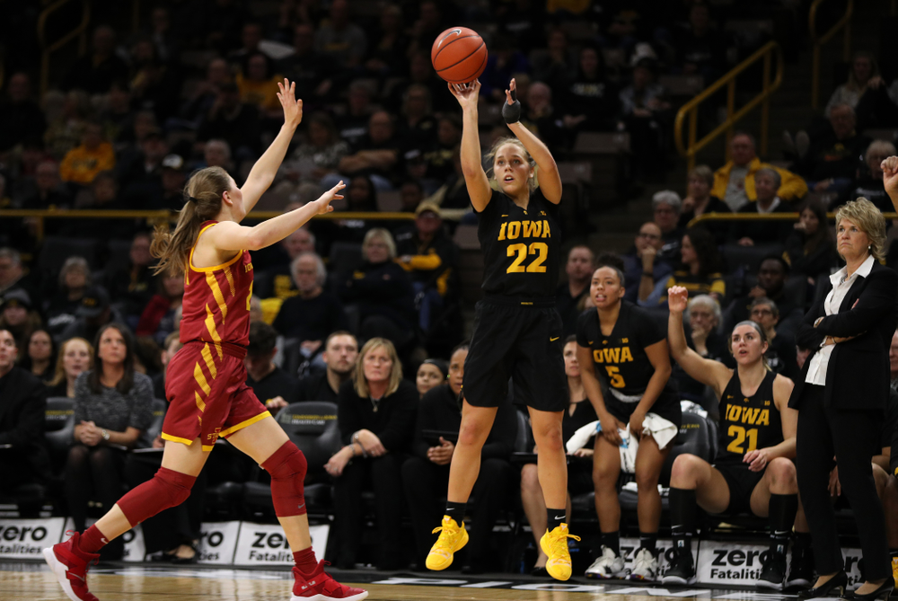 Iowa Hawkeyes guard Kathleen Doyle (22) against the Iowa State Cyclones in the Iowa Corn Cy-Hawk Series Wednesday, December 5, 2018 at Carver-Hawkeye Arena. (Brian Ray/hawkeyesports.com)
