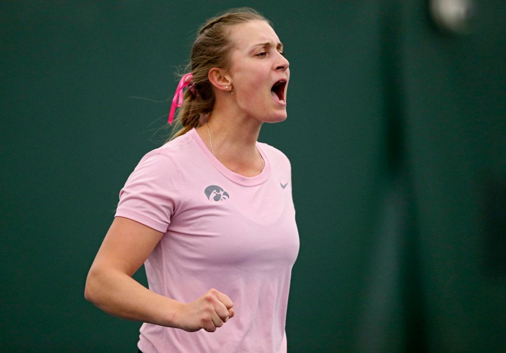 Iowa's Ashleigh Jacobs celebrates a point during their doubles match against Purdue at the Hawkeye Tennis and Recreation Complex in Iowa City on Friday, Mar. 29, 2019. (Stephen Mally/hawkeyesports.com)