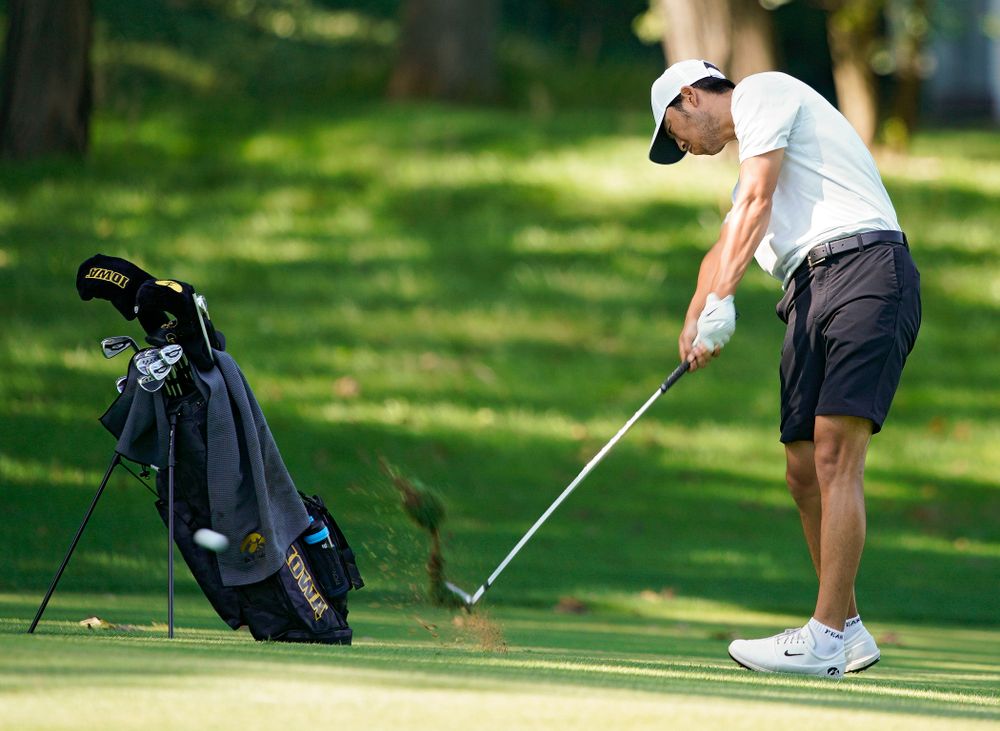 Iowa’s Joe Kim hits from the fairway during the second day of the Golfweek Conference Challenge at the Cedar Rapids Country Club in Cedar Rapids on Monday, Sep 16, 2019. (Stephen Mally/hawkeyesports.com)