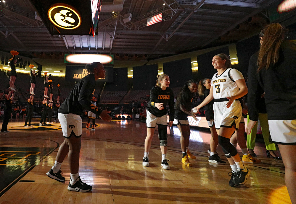 Iowa guard Makenzie Meyer (3) is introduced before their overtime win against Princeton at Carver-Hawkeye Arena in Iowa City on Wednesday, Nov 20, 2019. (Stephen Mally/hawkeyesports.com)