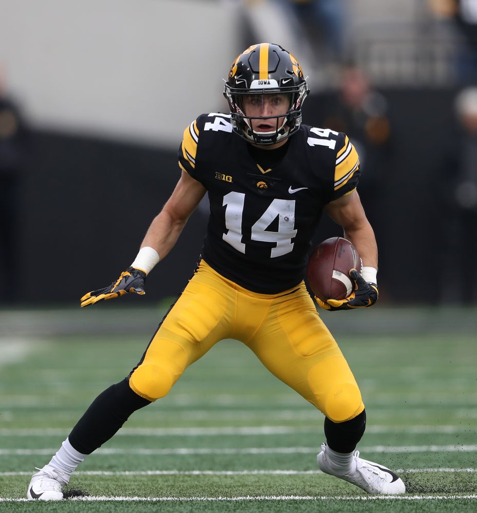 Iowa Hawkeyes wide receiver Kyle Groeneweg (14) against the Nebraska Cornhuskers Friday, November 23, 2018 at Kinnick Stadium. (Brian Ray/hawkeyesports.com)