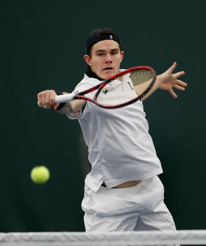 Jonas Larsen and Kareem Allaf play a doubles match against Purdue Sunday, April 15, 2018 at the Hawkeye Tennis and Recreation Center. (Brian Ray/hawkeyesports.com)