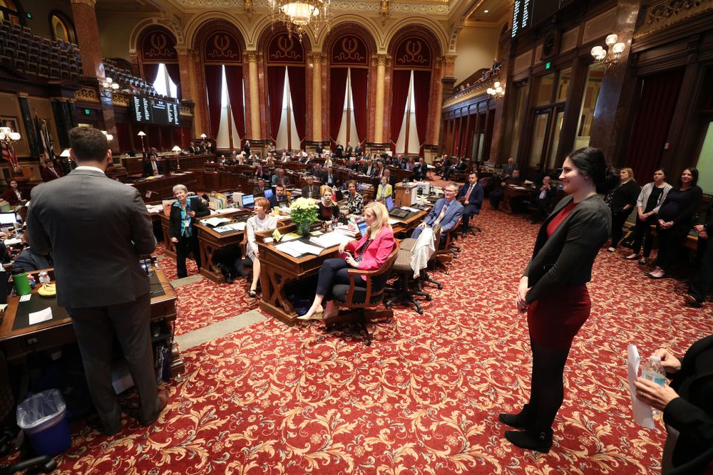 Iowa WomenÕs BasketballÕs Megan Gustafson is recognized with a resolution by the house and the senate at the Iowa State Capitol Wednesday, April 24, 2019 in Des Moines. (Brian Ray/hawkeyesports.com)