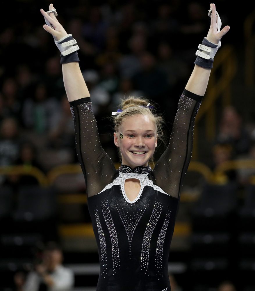 Iowa’s Allyson Steffensmeier competes on the bars against Michigan State Saturday, February 1, 2020 at Carver-Hawkeye Arena. (Brian Ray/hawkeyesports.com)