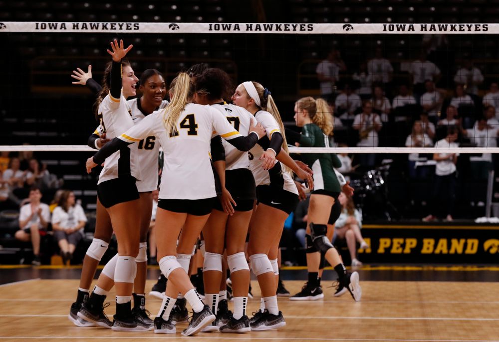 Iowa Hawkeyes middle blocker Sarah Wing (13) against the Michigan State Spartans Friday, September 21, 2018 at Carver-Hawkeye Arena. (Brian Ray/hawkeyesports.com)
