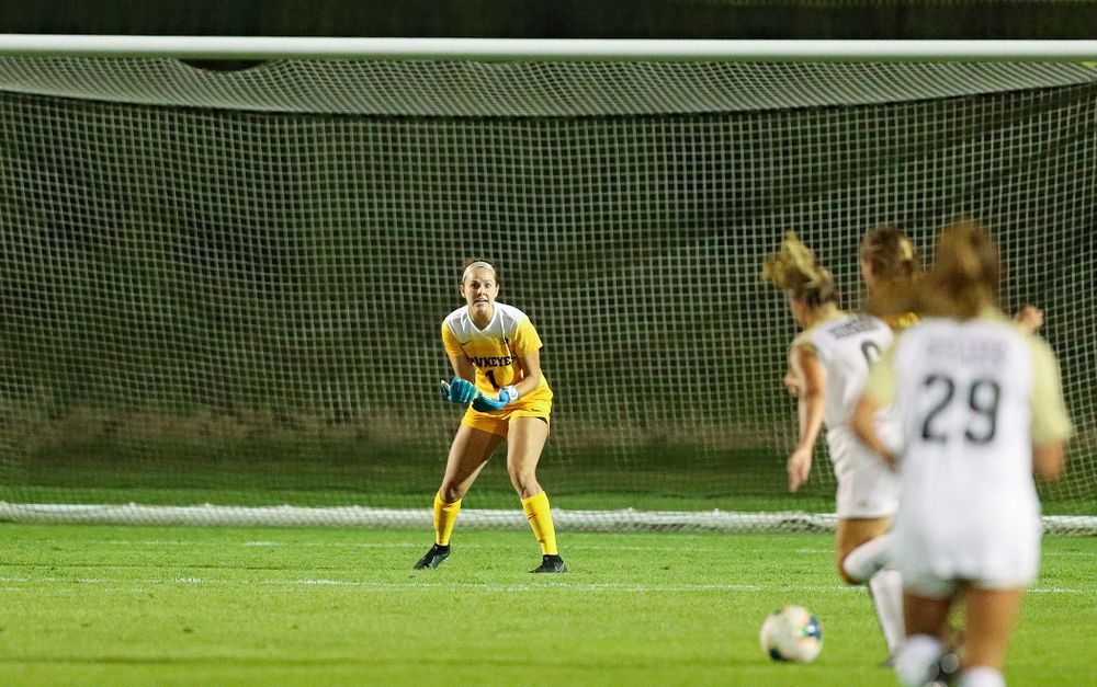 Iowa goalkeeper Claire Graves (1) shouts out instructions as she keeps her eyes on the ball during the second half of their match against Western Michigan at the Iowa Soccer Complex in Iowa City on Thursday, Aug 22, 2019. (Stephen Mally/hawkeyesports.com)